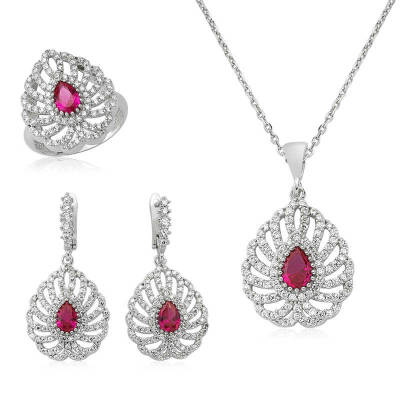 Gümüş Pembe Taşlı Damla Bayan Set - 1