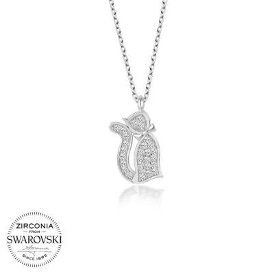 Swarovski Taşlı Gümüş Kedi Bayan Kolye - 1