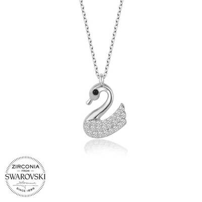 Swarovski Taşlı Gümüş Kuğu Bayan Kolye - 1